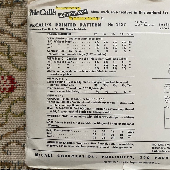 McCall's 2137 Misses’ Western Shirt Transfers Vintage Sewing Pattern 50s Bust 32 - Picture 3 of 3